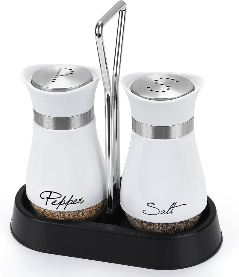 accmor Salt and Pepper Shakers Set with Holder, 4 oz Stainless Steel Salt Pepper Shaker Containers with Glass Bottom for Kitchen Cooking, BBQ, Bar, Table, RV, Camp - Image 1